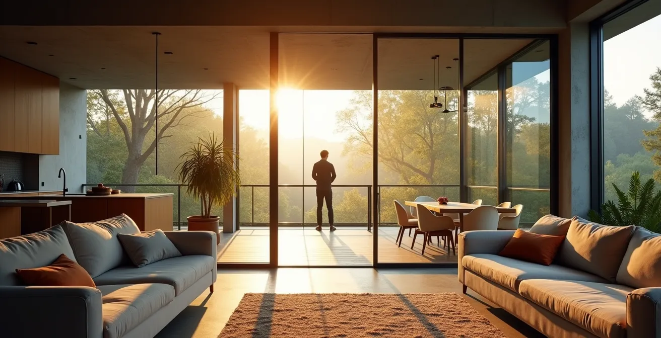 Espace de vie moderne avec verrière d'atelier illustrant la propagation sonore entre cuisine et salon