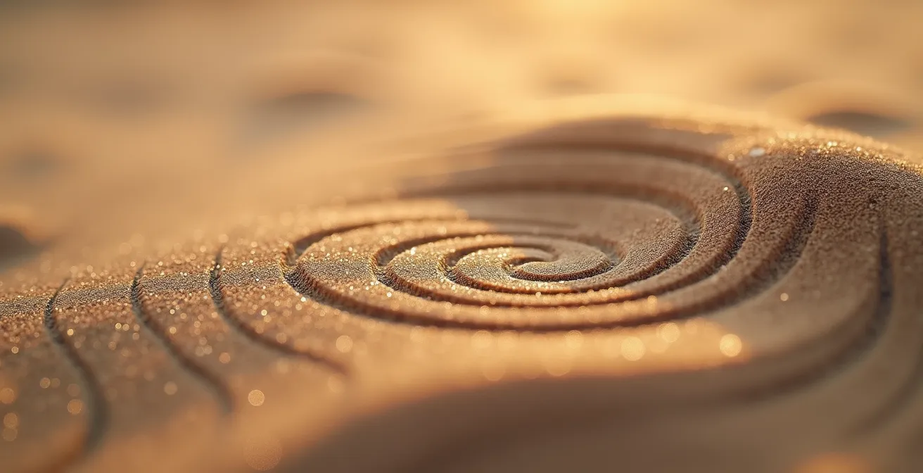 Une photographie macro textuelle montrant des grains de sable ou de terre vibrant légèrement sous l'effet de vibrations sonores invisibles, avec des motifs ondulants naturels révélant la physicalité invisible du son