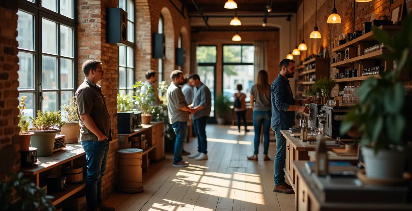 Intérieur d'un commerce français avec système audio discret intégré dans l'architecture