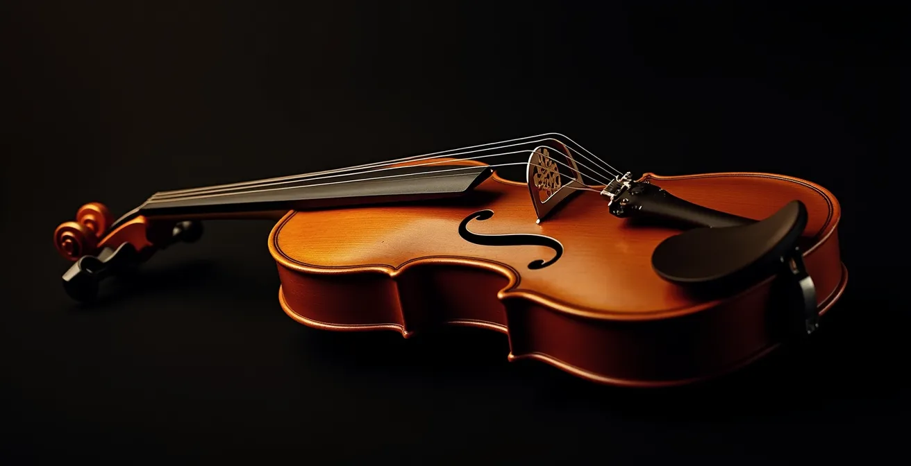 Violon photographié en plan serré avec visualisation des vibrations acoustiques