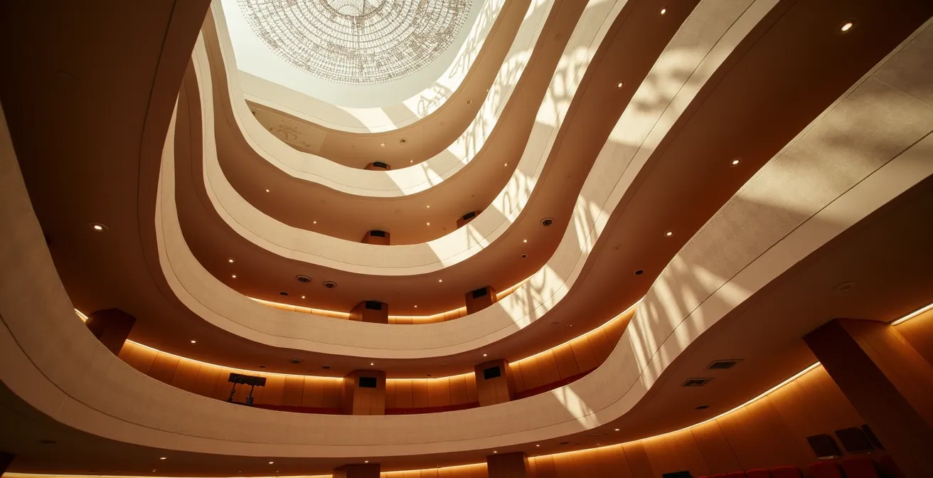 Balcons flottants et réflecteurs acoustiques en forme de nuages dans une salle de concert moderne