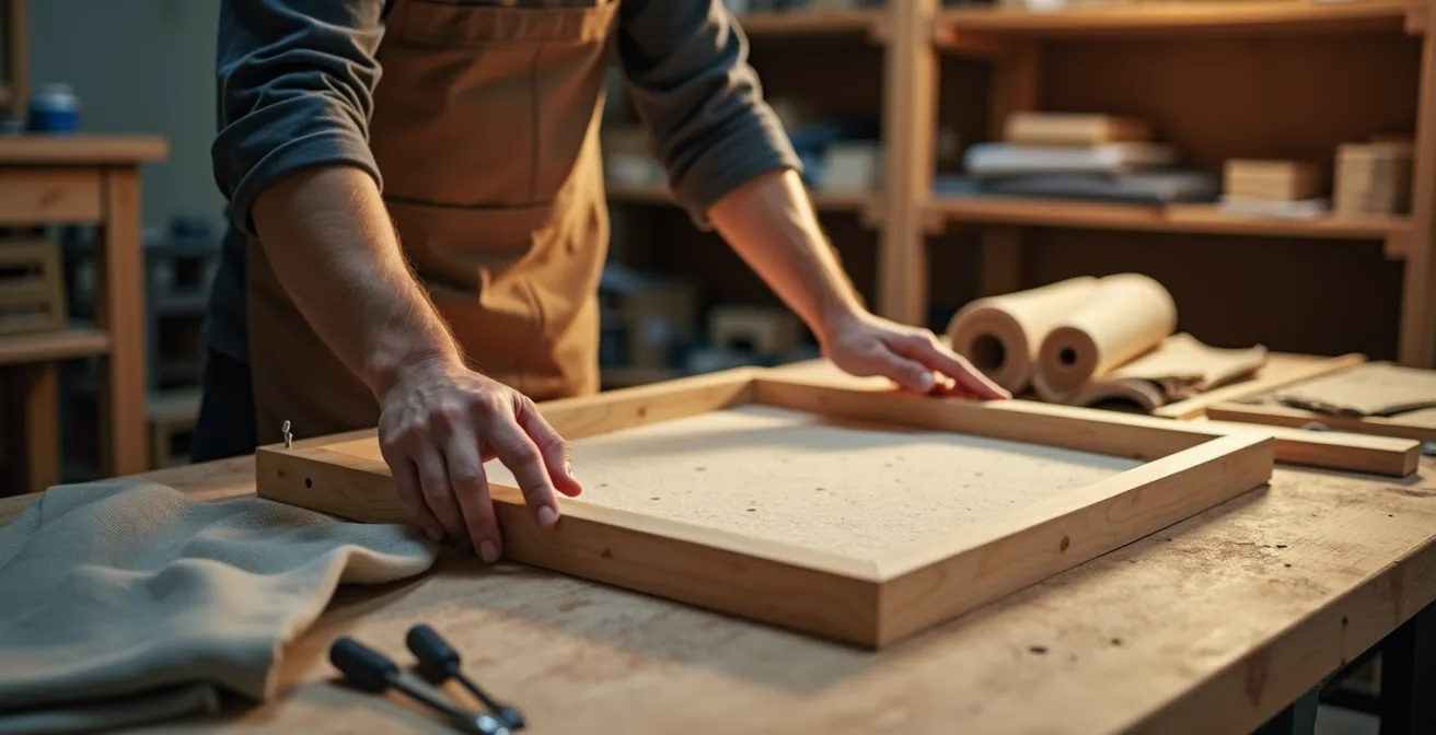 Vue d'un atelier de bricolage avec matériaux pour fabriquer des panneaux acoustiques maison