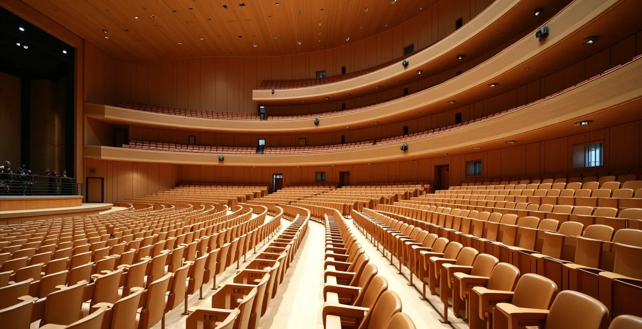 Salle de concert moderne française avec architecture en vignoble et balcons en bois