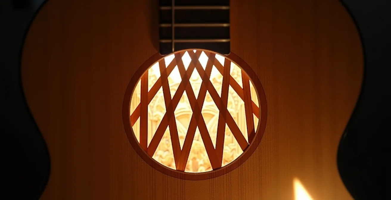 Vue intérieure d'une guitare montrant le barrage en éventail avec ses fines lamelles de bois sculptées