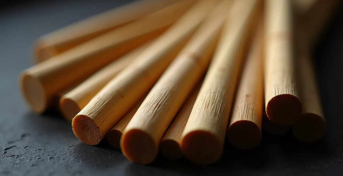 Close-up macro de différentes anches d'instruments à vent disposées en éventail montrant leurs textures et matières distinctives