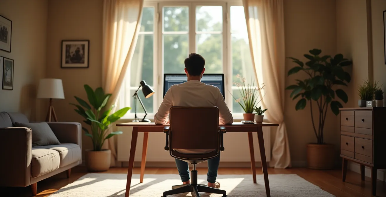 Espace de télétravail avec solutions acoustiques design dans une maison française