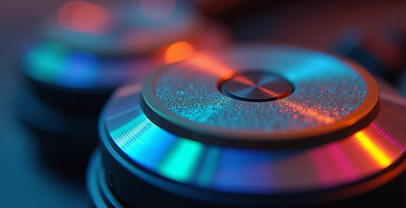 Gros plan sur l'oreillette d'un casque audio haut de gamme avec des ondes colorées suggérant différentes fréquences