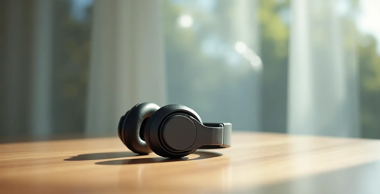Casque audio à réduction de bruit active posé sur une surface en bois naturel dans un environnement calme