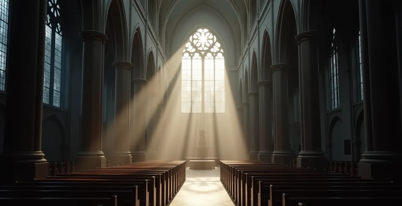 Vue intérieure d'une cathédrale gothique montrant l'acoustique et les jeux de lumière