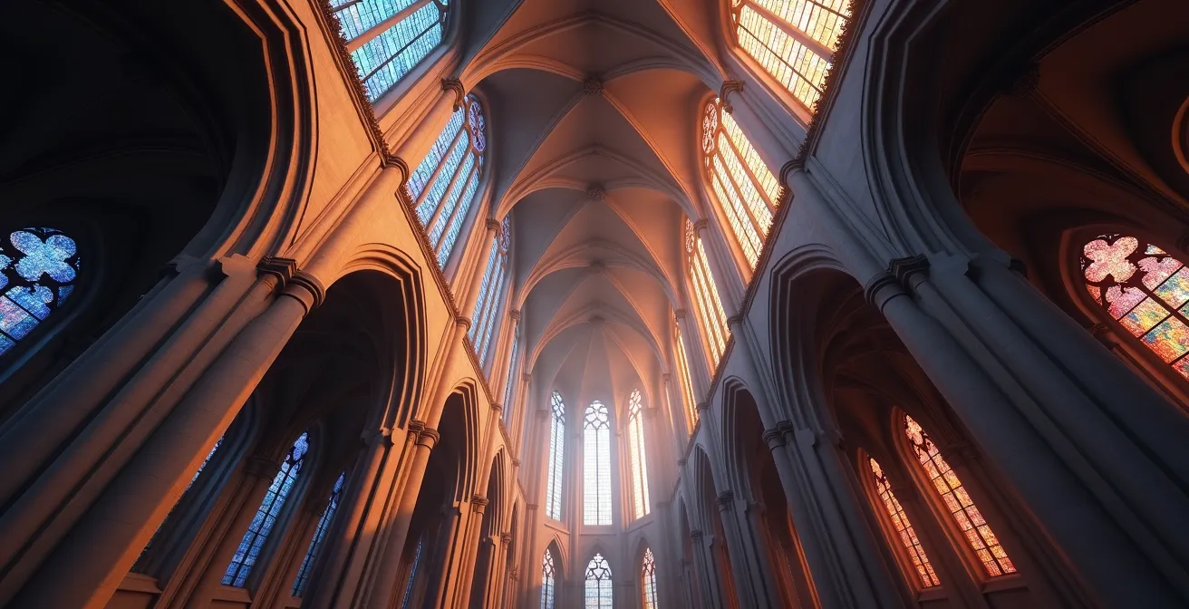 Vue en contre-plongée de voûtes gothiques avec jeux de lumière filtrant à travers les vitraux
