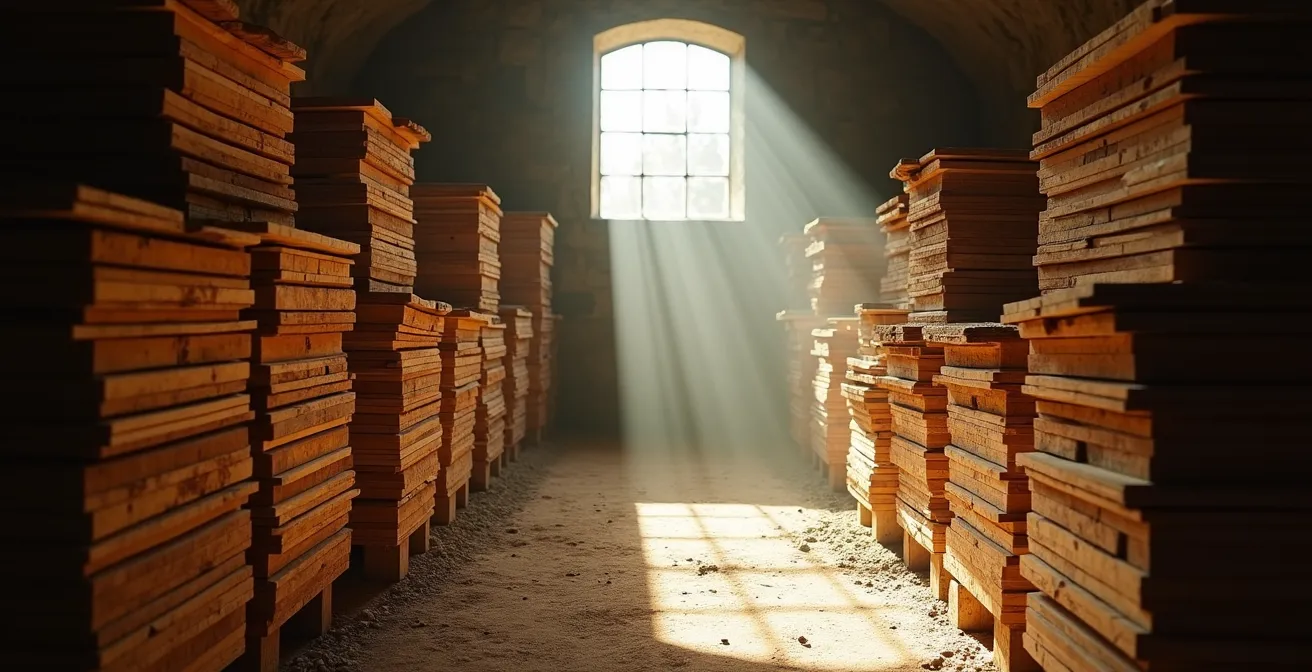 Cave de séchage de bois de lutherie avec piles d'épicéa et d'érable vieillissant dans la pénombre