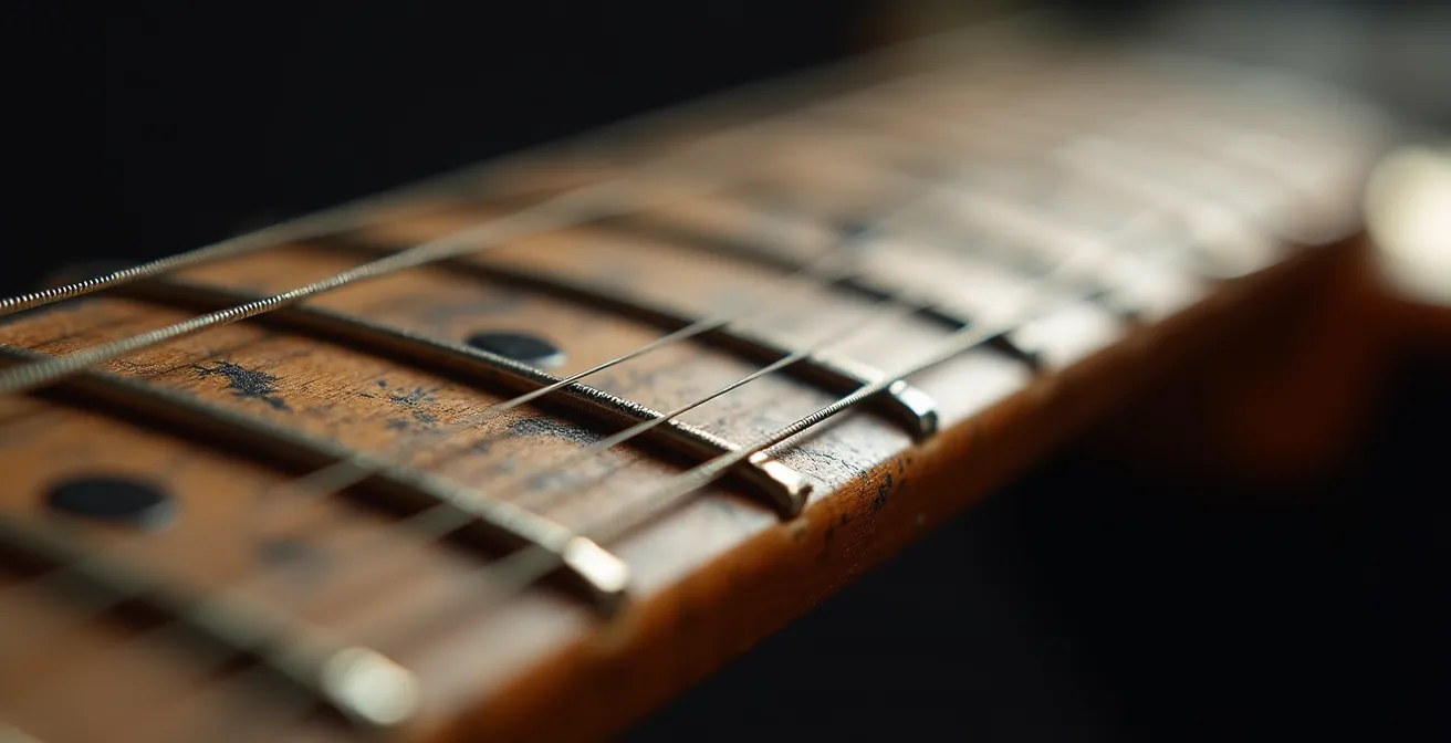 Détail macro des marques d'usure sur un manche de guitare, révélant la patine unique créée par des années de pratique