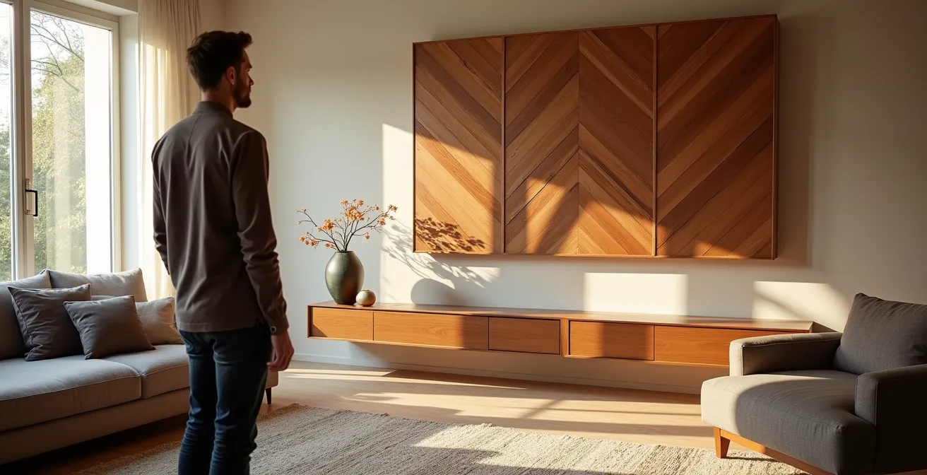 Salon contemporain avec diffuseur acoustique design intégré comme élément décoratif