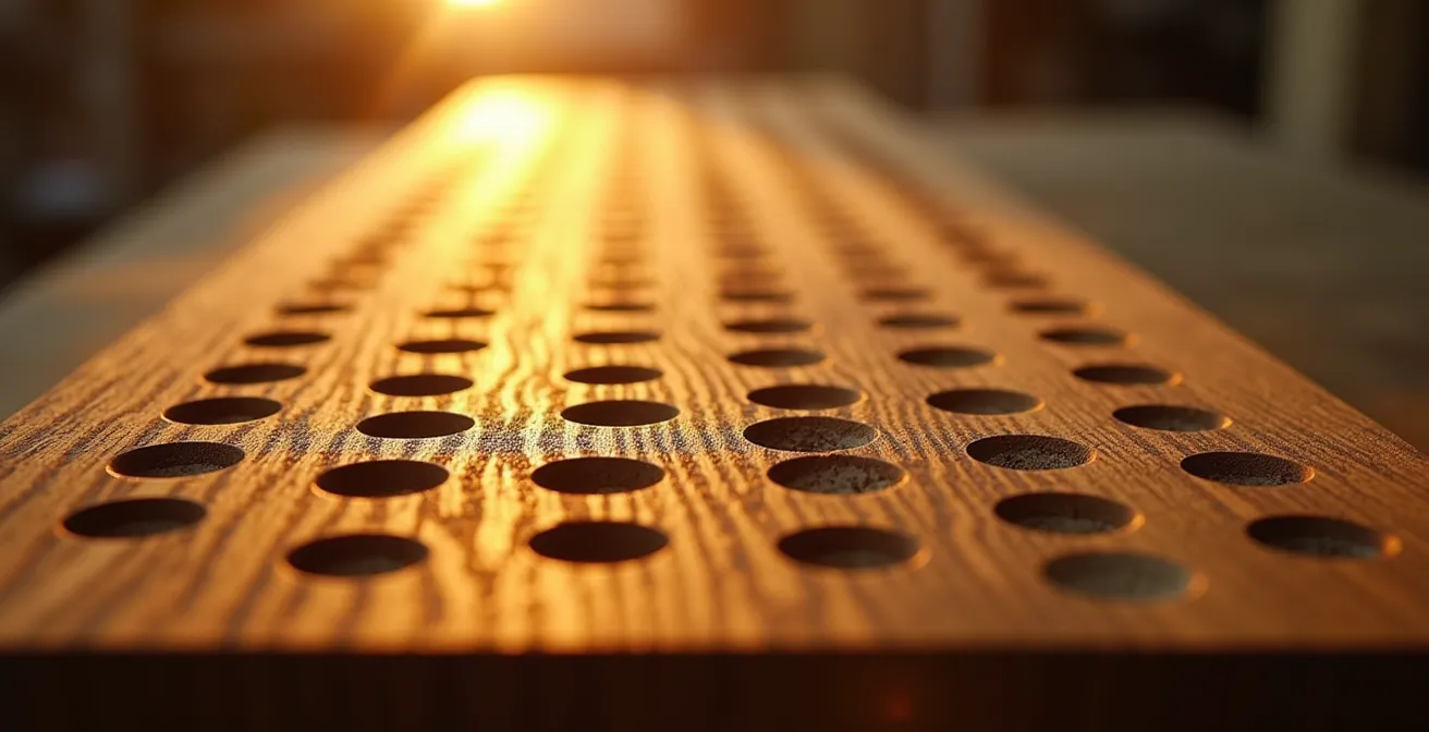 Gros plan macro sur un diffuseur QRD en bois de chêne montrant la précision géométrique des puits