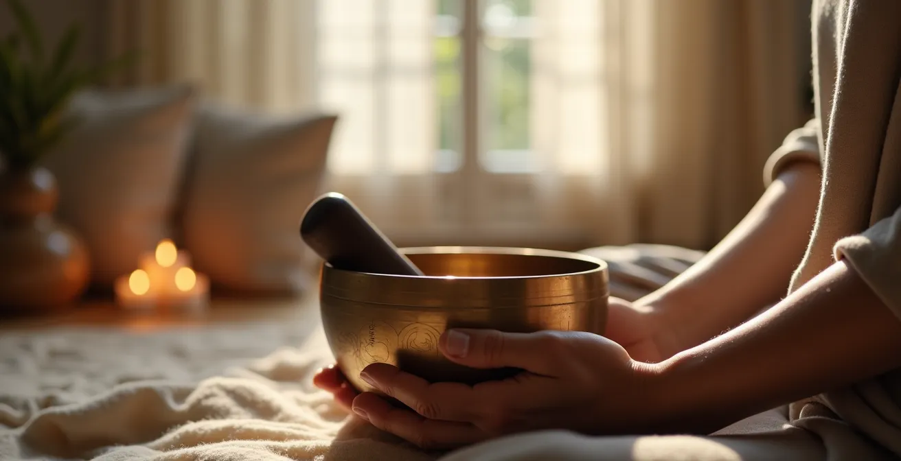 Coin méditation intimiste avec coussins, bougies et instruments de relaxation dans une lumière douce et chaleureuse
