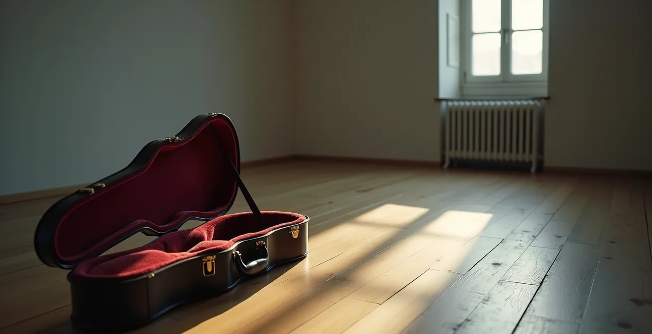 Étui d'instrument ouvert et vide dans un environnement minimaliste, symbolisant l'absence et la perte
