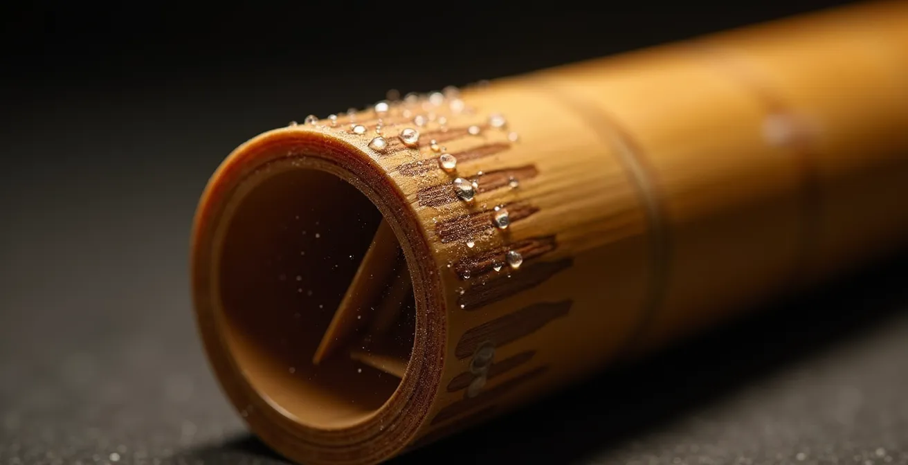 Vue macro sur l'embouchure d'un shakuhachi avec détails du bambou