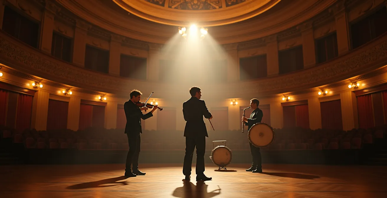 Composition artistique montrant trois musiciens avec leurs instruments dans un environnement acoustique