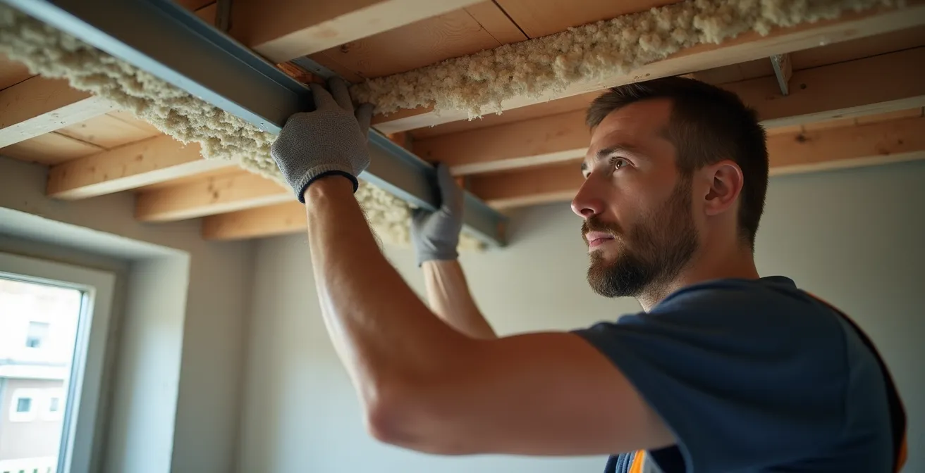 Installation d'un faux-plafond avec suspentes antivibratiles et isolation phonique dans un appartement français