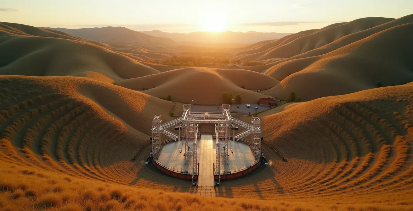 Vue aérienne d'un site de festival avec modélisation des zones de propagation sonore