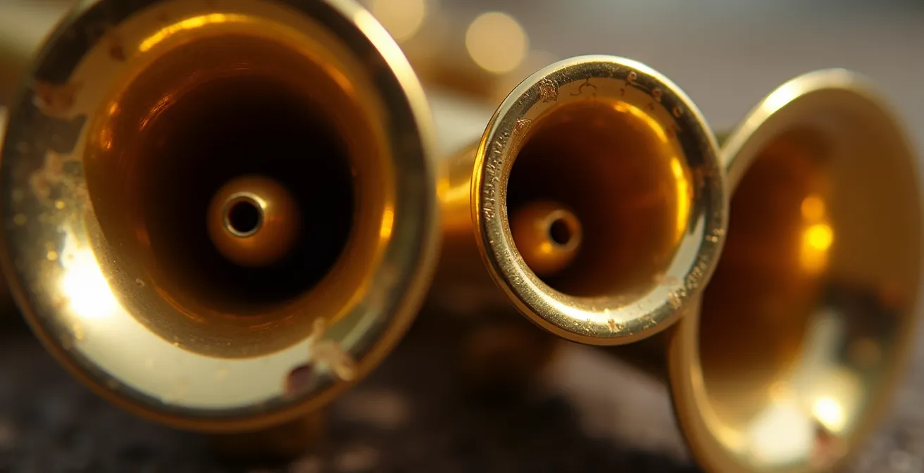 Gros plan sur les pavillons de cuivres de différentes tailles montrant la relation entre dimension et tonalité