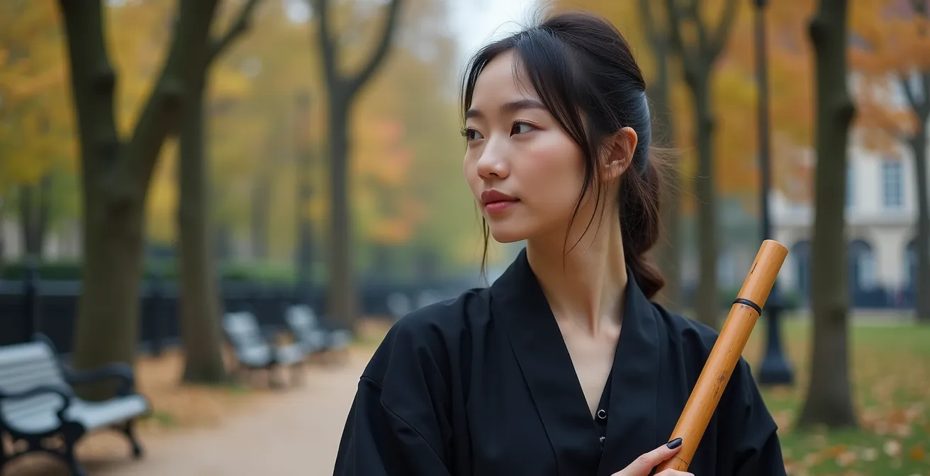 Un pratiquant contemporain de shakuhachi en tenue sobre dans un parc parisien