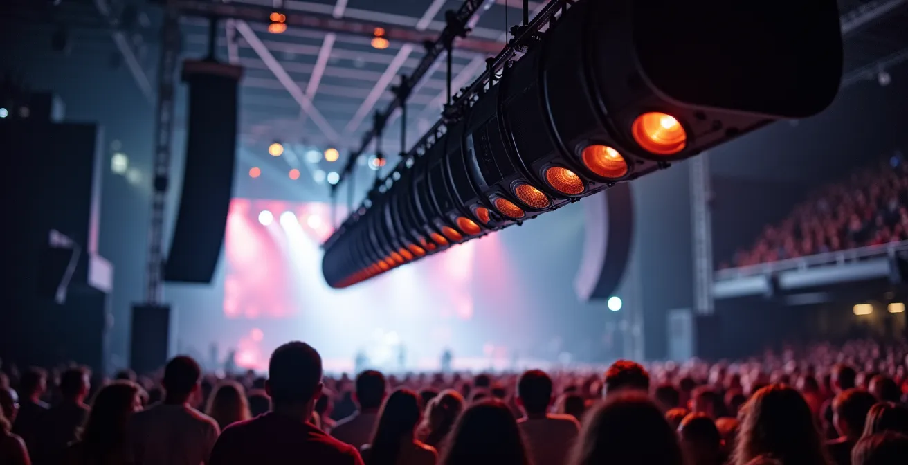 Système de line array suspendu en forme de J dans une grande salle de concert