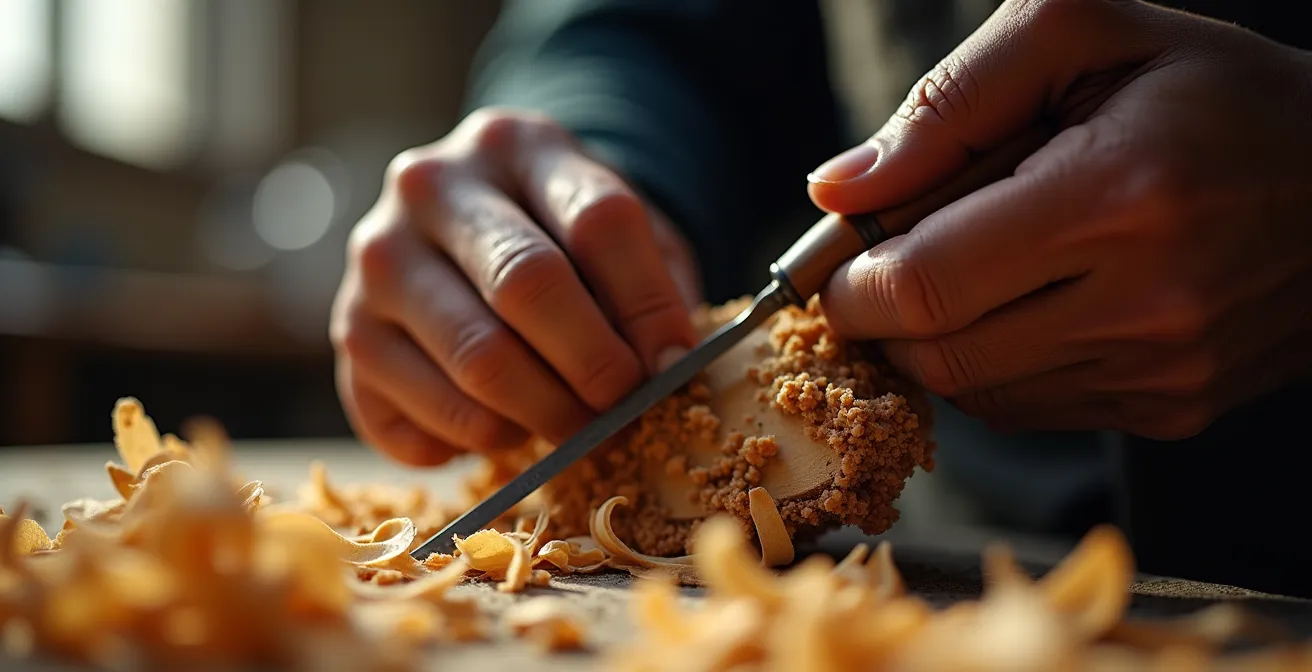 Mains de luthier sculptant une table d'harmonie de violon avec des outils traditionnels