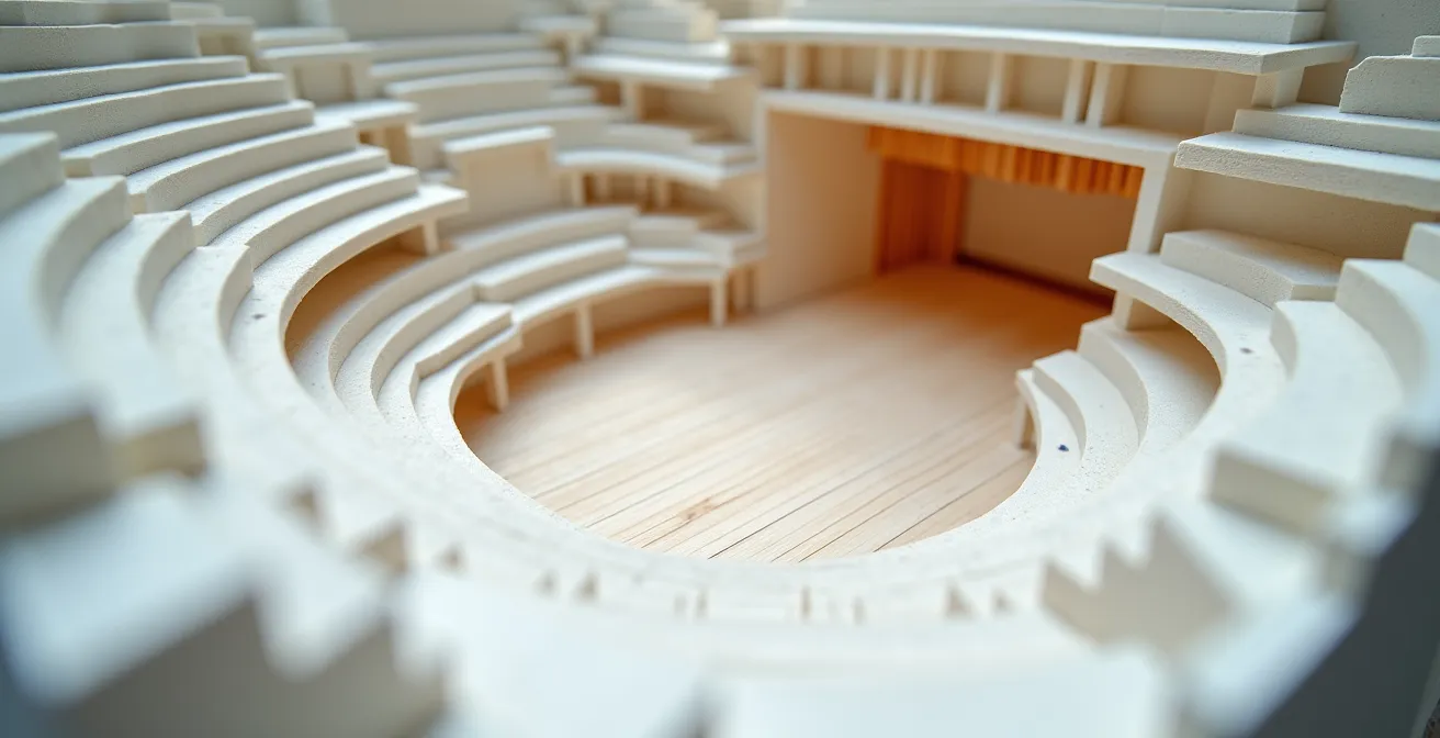 Vue macro d'une maquette architecturale miniature d'une salle de concert utilisée pour les tests acoustiques