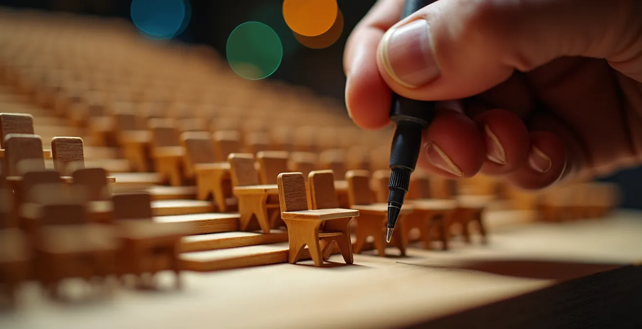 Ingénieur acousticien testant une maquette de salle de concert avec équipement de mesure