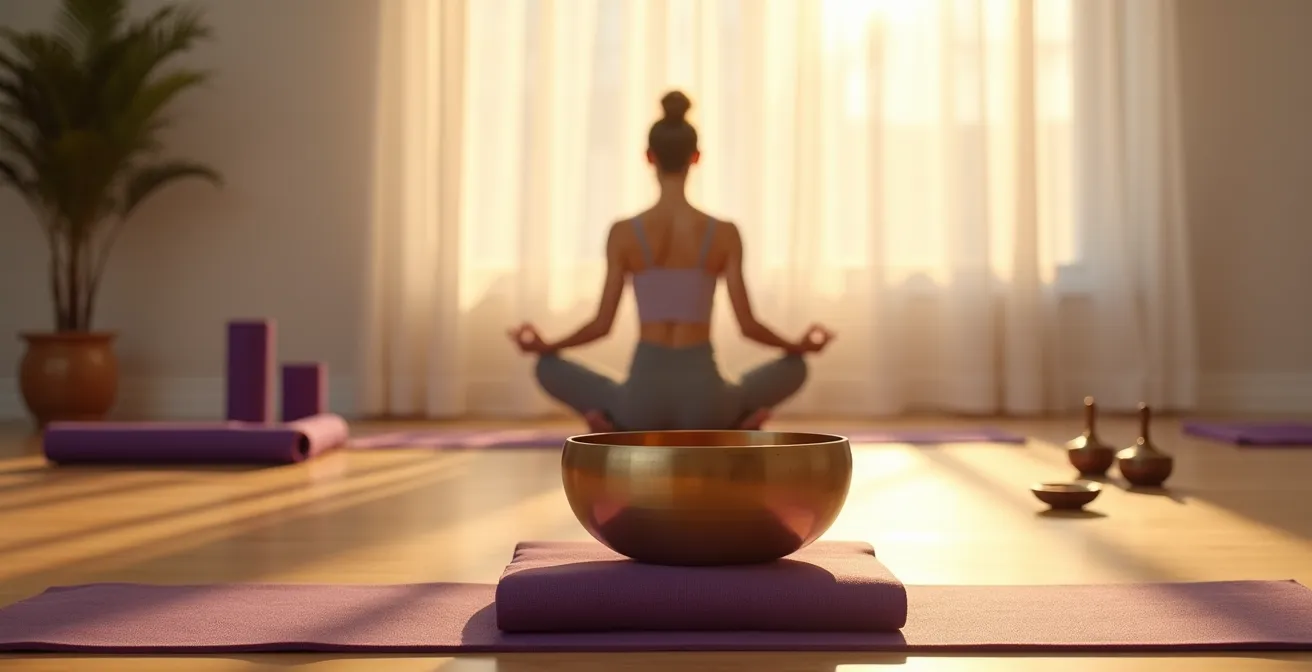 Séance de yoga avec bol tibétain dans un espace méditatif épuré