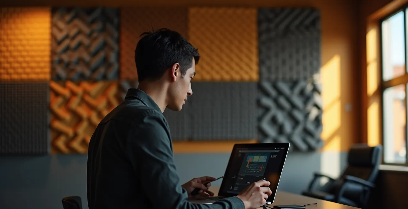 Professionnel mesurant le temps de réverbération dans une salle avec équipement acoustique