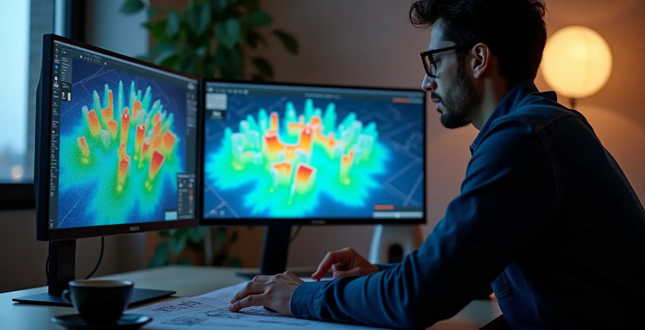 Écran d'ordinateur montrant une modélisation 3D colorée des ondes sonores dans une salle de concert