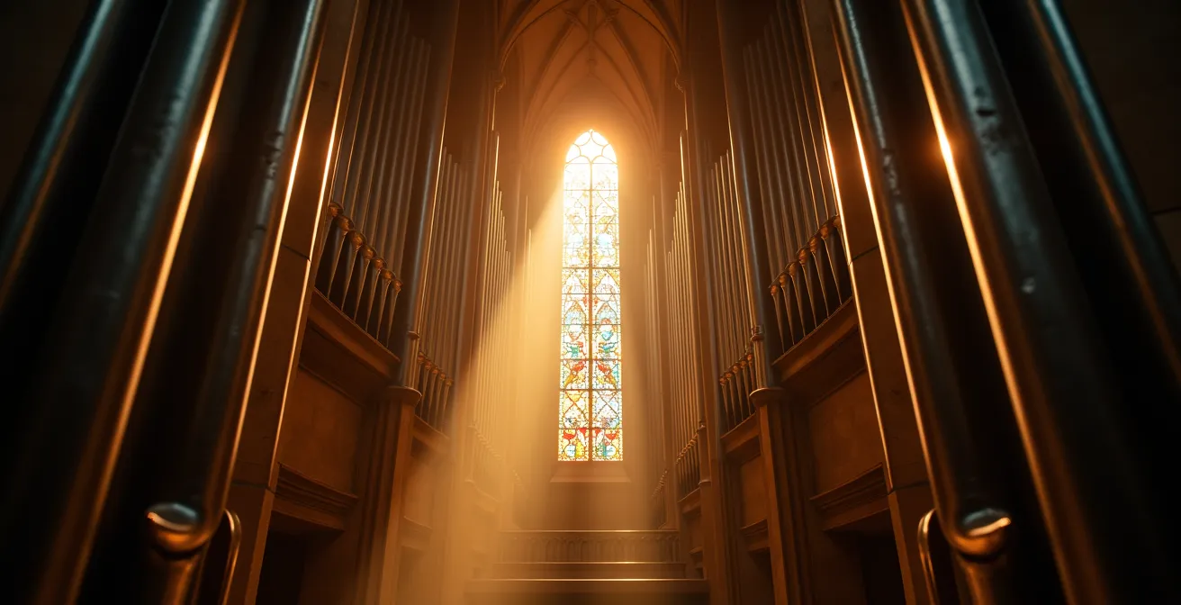 Vue en contre-plongée majestueuse des tuyaux d'orgue d'une cathédrale gothique française avec jeux de lumière créant une atmosphère contemplative