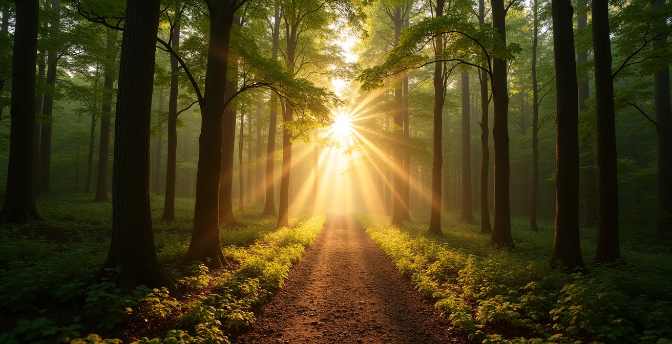 Forêt paisible avec sentier invitant à la promenade méditative pour une détox auditive