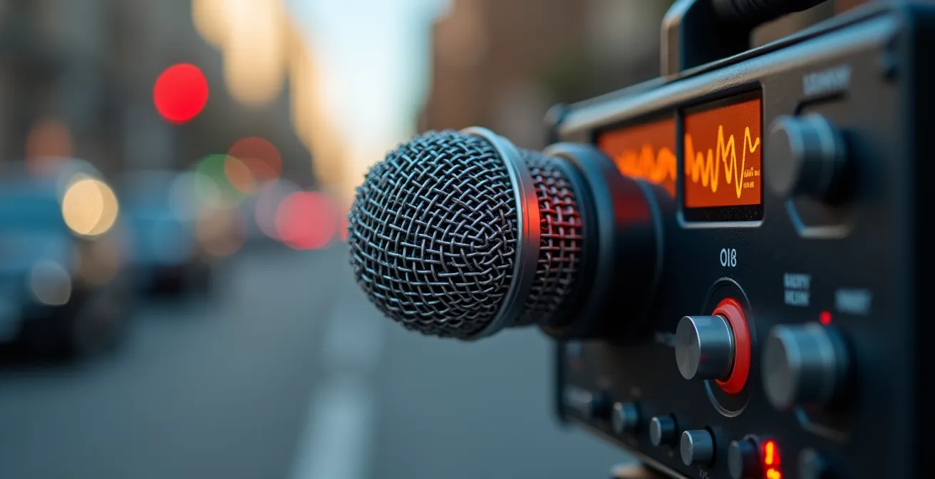 Scientifique mesurant les niveaux sonores dans un environnement urbain français avec équipement acoustique professionnel