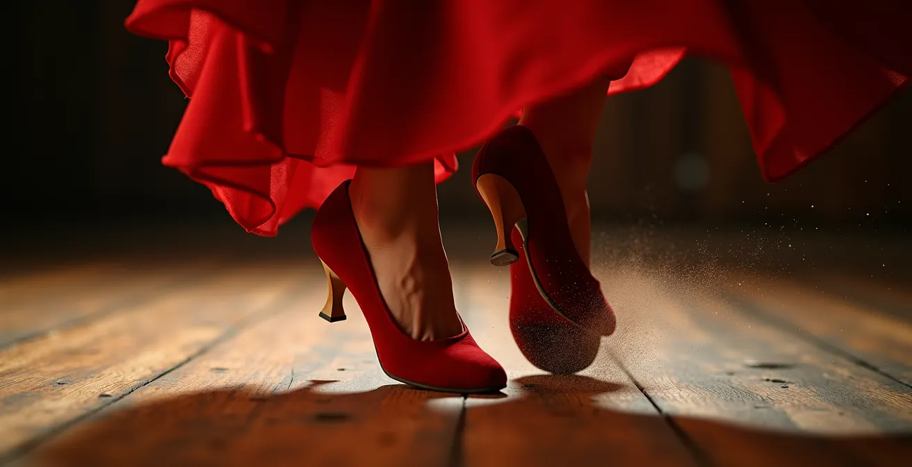 Gros plan sur les pieds d'une danseuse de flamenco en plein zapateado, capturant le mouvement et la force du coup de talon