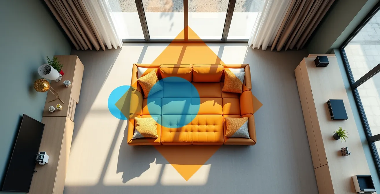 Vue de dessus d'un salon avec cuisine ouverte montrant les zones de réflexion acoustique prioritaires