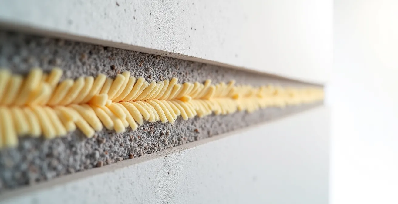 Coupe technique d'un mur montrant les trois couches du système masse-ressort-masse avec isolant fibreux au centre