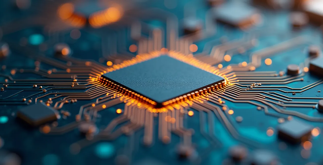 Gros plan sur un circuit de processeur DSP avec reflets lumineux colorés représentant le traitement du signal audio