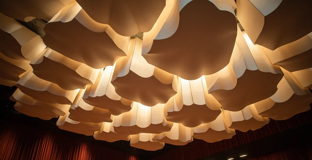 Détail architectural de réflecteurs acoustiques suspendus au plafond d'une salle de concert