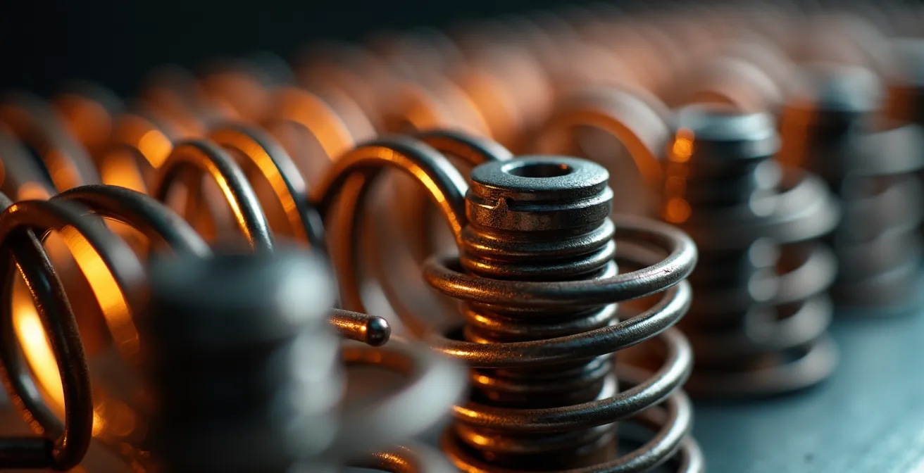 Gros plan macro sur les ressorts métalliques d'un système de réverbération vintage d'amplificateur