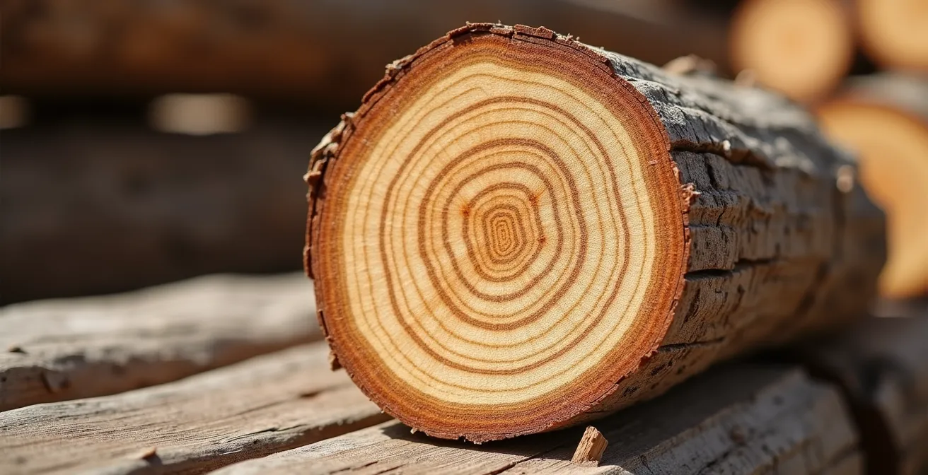 Planches d'épicéa en cours de séchage naturel avec détails des cernes de croissance