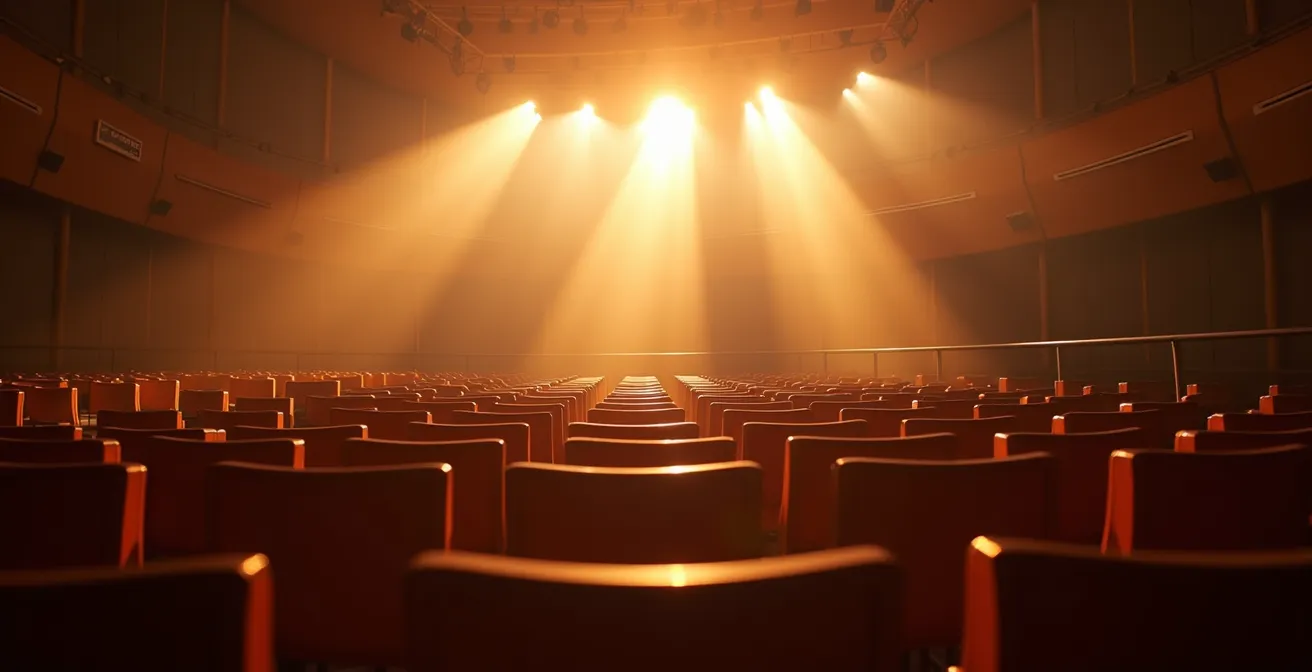 Intérieur d'une salle de concert avec ondes sonores visualisées en lumière dorée créant des motifs dans l'espace