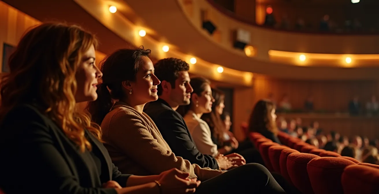 Vue rapprochée des balcons flottants d'une salle de concert avec spectateurs proches de l'orchestre