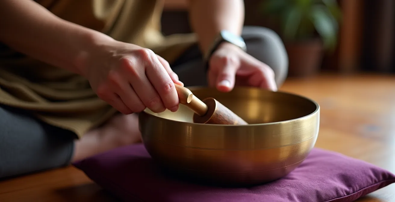 Main tenant un maillet en bois frottant délicatement le bord d'un bol chantant tibétain