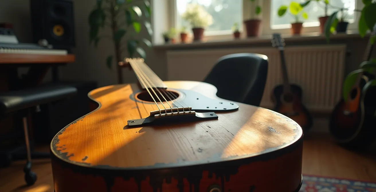 Gros plan sur les traces d'usure d'un instrument vintage montrant la patine naturelle