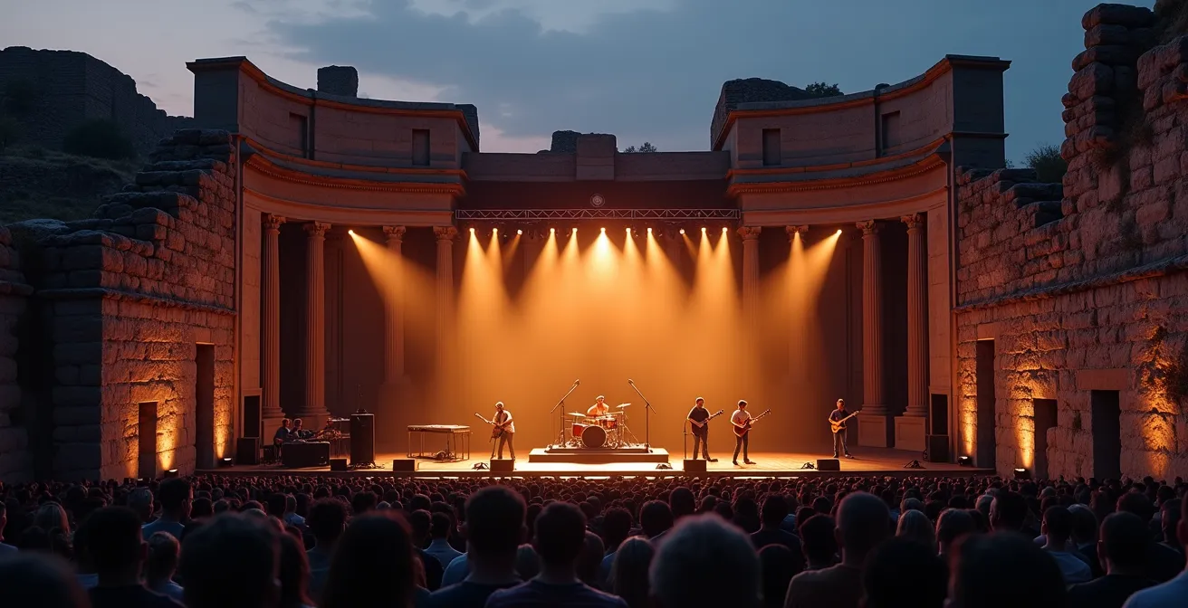 Scène moderne installée dans un théâtre antique avec équipements techniques visibles