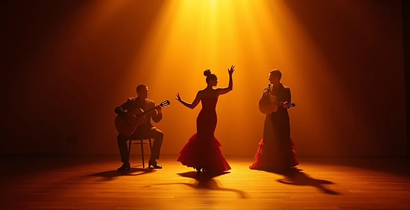 Scène de flamenco minimaliste montrant la silhouette d'un guitariste, d'un chanteur et d'une danseuse formant un triangle