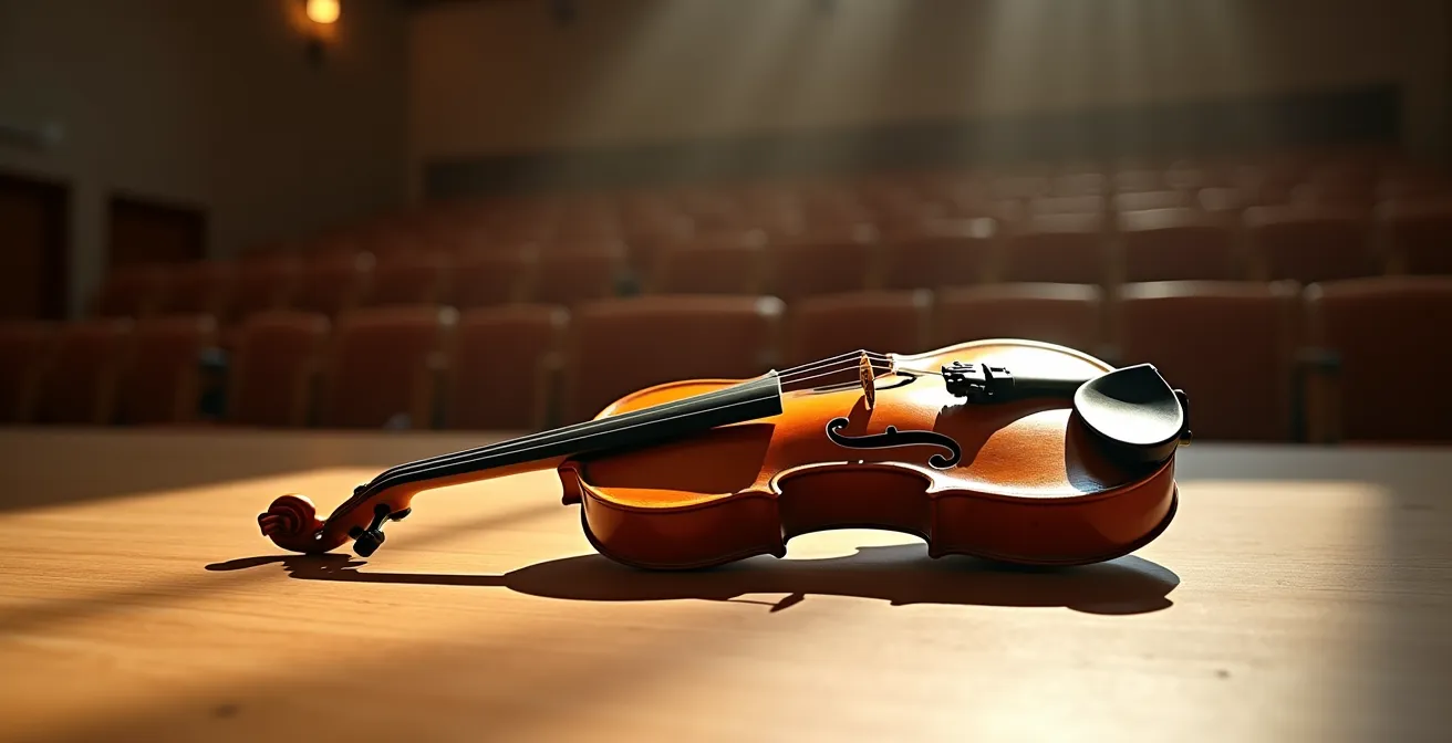 Vue rapprochée des vibrations sur la table d'harmonie d'un violon ancien avec des motifs de résonance visibles